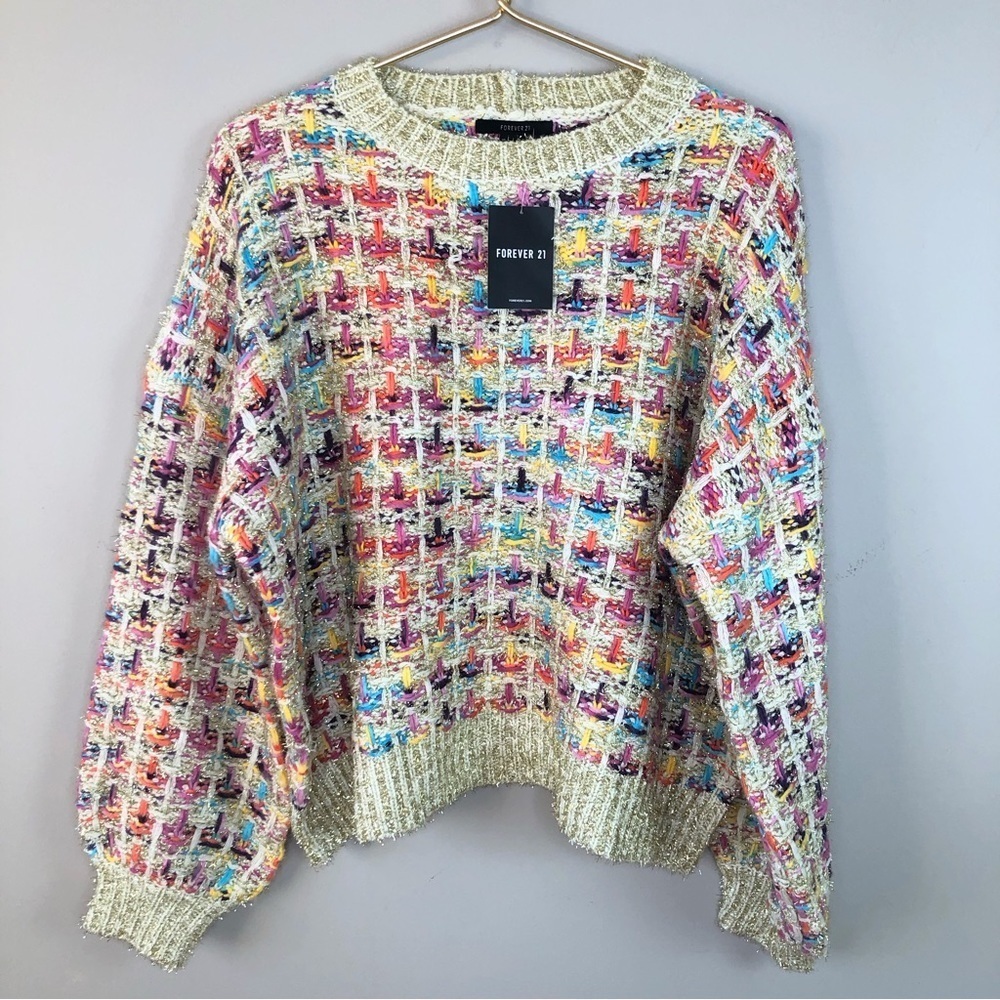 NWT Multi colored tweed chunky knit gold metallic crewneck sweater M